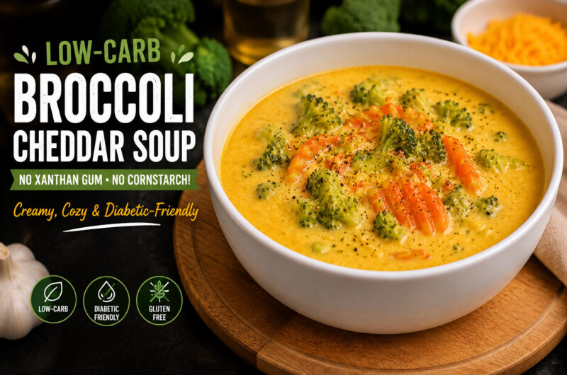 Low-carb broccoli cheddar soup in a white bowl with broccoli and carrots