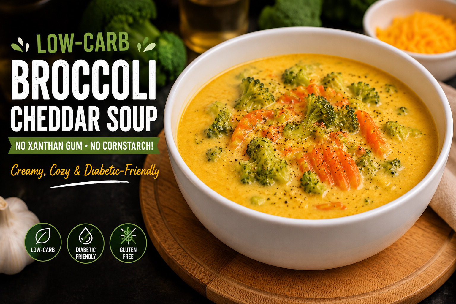 Low-carb broccoli cheddar soup in a white bowl with broccoli and carrots